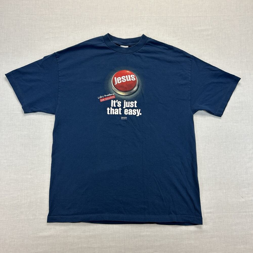Vintage Christian T-Shirt Jesus Button It's Just That Easy Men's XL Blue Tee Top